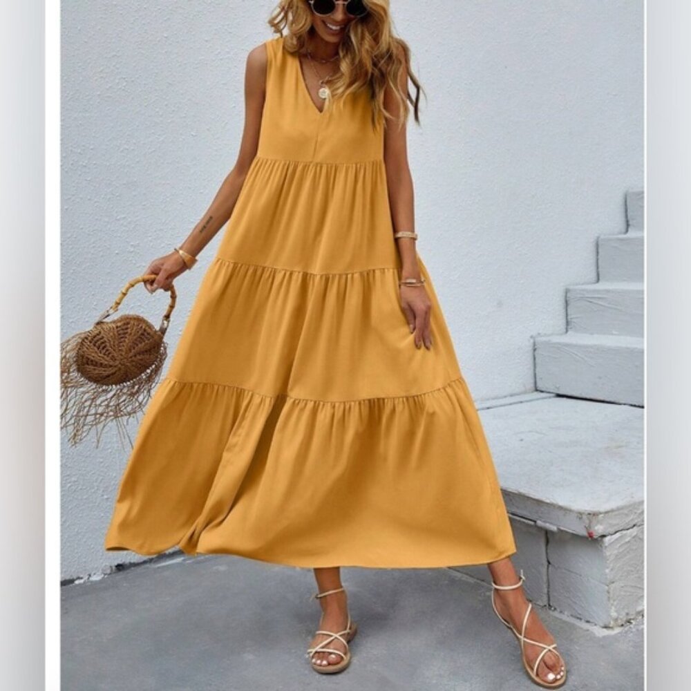 LAST ONE 🔥 Boho V Neck Ruffle Hem Smock Dress Yellow*